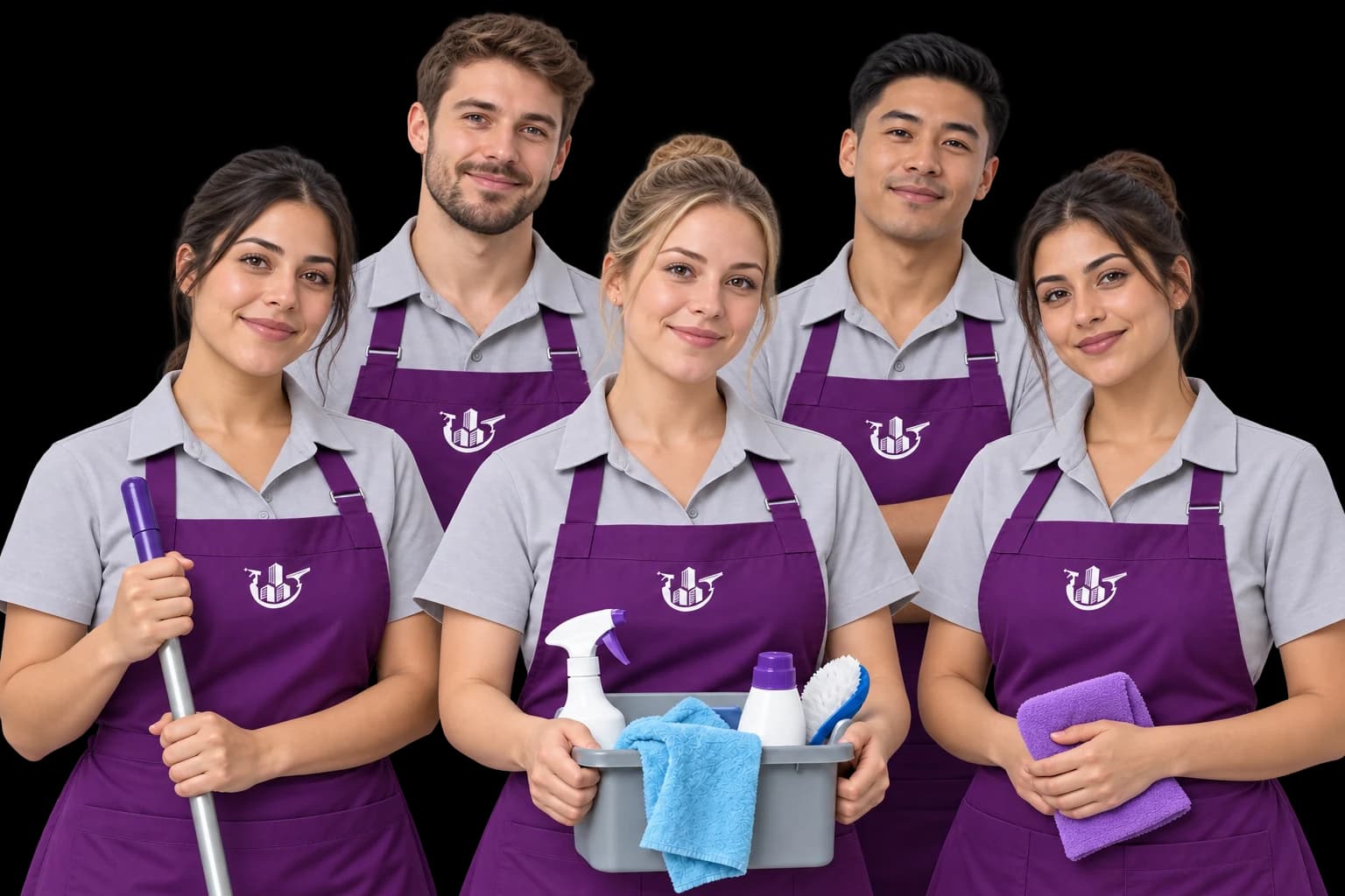 Illustrative five-person cleaning team in Brilla Verona uniforms